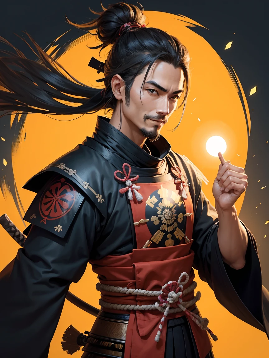 um homem com uma espada em pé na frente de uma lua cheia, cara bonito na arte do matador de demônios, badass anime 8 k, homem samurai vagabundo, Miyamoto Musashi, inspirado em Kanō Hōgai, Ronin, inspirado em Kano Sanraku, estilo samurai, Papel de parede de mangá 4k, as samurai, Papel de parede de anime 4K, a happy smiling face,colorful,cartoon style,simple geometric shapes,bright vibrant colors,minimalist,cute,cheerful,positive,smiley,caricature,stylized,abstract,whimsical,playful,fun,adorable,friendly,charming,iconic,simple shapes,clean lines,bold colors,(best quality,8k,masterpiece:1.2),highly detailed,sharp focus,professional digital illustration