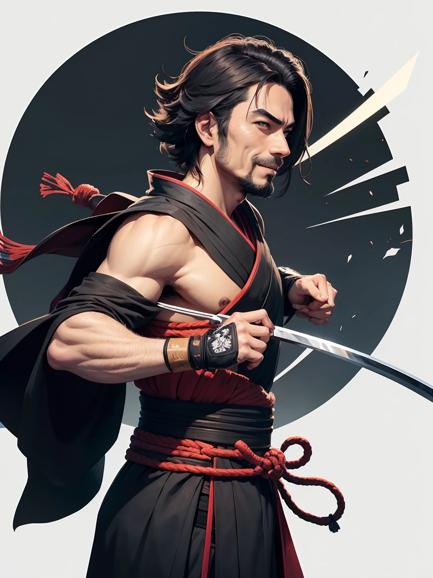 um homem com uma espada em pé na frente de uma lua cheia, cara bonito na arte do matador de demônios, badass anime 8 k, homem samurai vagabundo, Miyamoto Musashi, inspirado em Kanō Hōgai, Ronin, inspirado em Kano Sanraku, estilo samurai, Papel de parede de mangá 4k, as samurai, Papel de parede de anime 4K, a happy smiling face,colorful,cartoon style,simple geometric shapes,bright vibrant colors,minimalist,cute,cheerful,positive,smiley,caricature,stylized,abstract,whimsical,playful,fun,adorable,friendly,charming,iconic,simple shapes,clean lines,bold colors,(best quality,8k,masterpiece:1.2),highly detailed,sharp focus,professional digital illustration