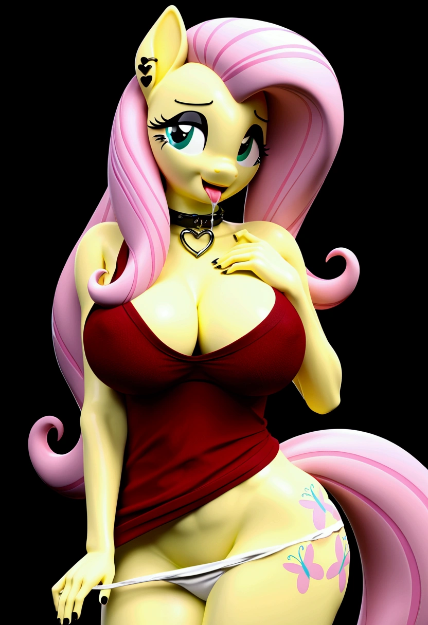 My little pony, anthro, (fluttershy), opened her mouth, and strings of saliva stretched, (white panties pulled down slightly), big breasts, heart collar, earrings, piercing, black eyeshadow, black nails, transexual, (fembiy), tattoo on butt
