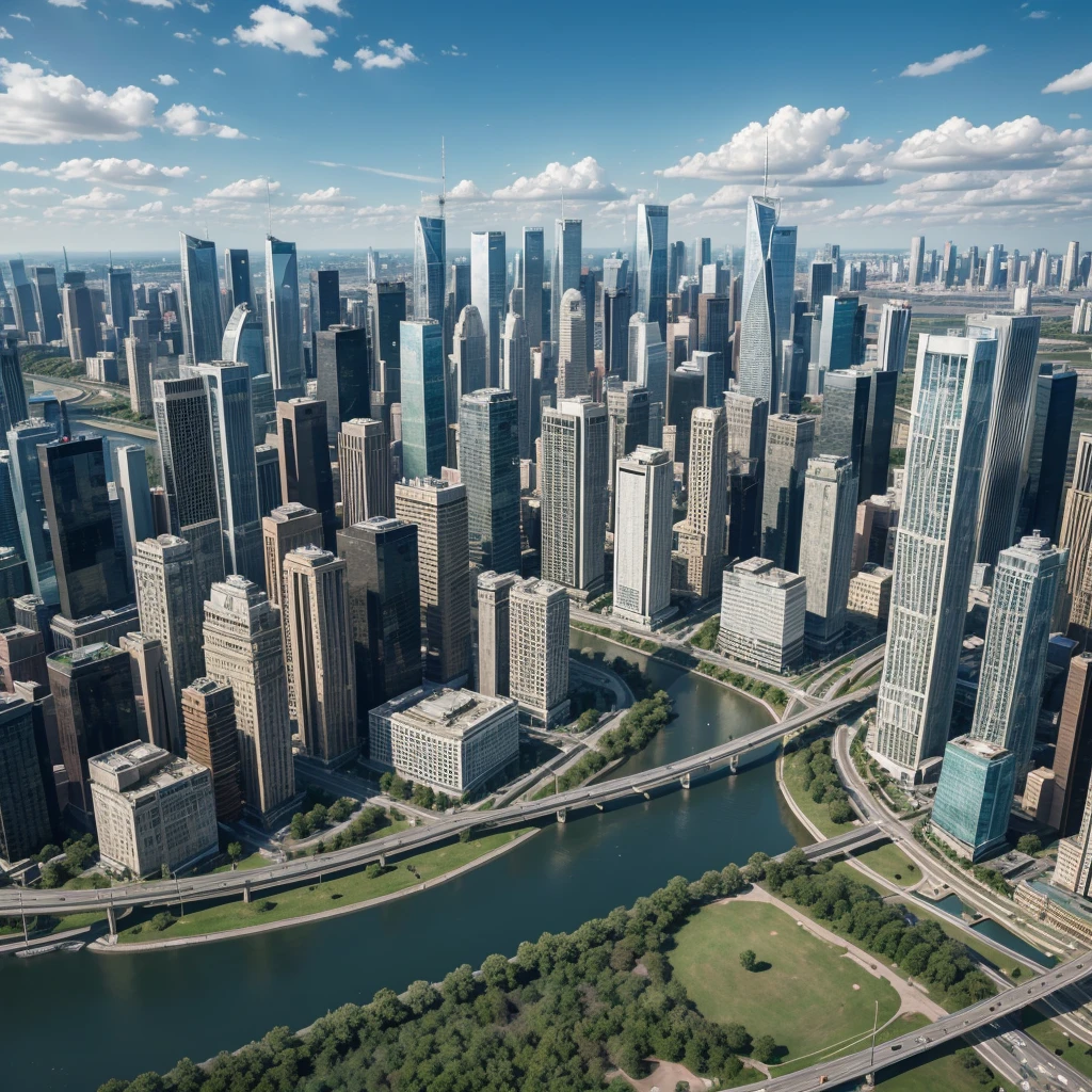 Aerial view of a modern city with skyscrapers, parks, Busy streets and snaking rivers. The image must capture urban architecture, with tall buildings and street details, like cars, people and trees. The sky should be clear with few clouds, and the lighting must be daytime