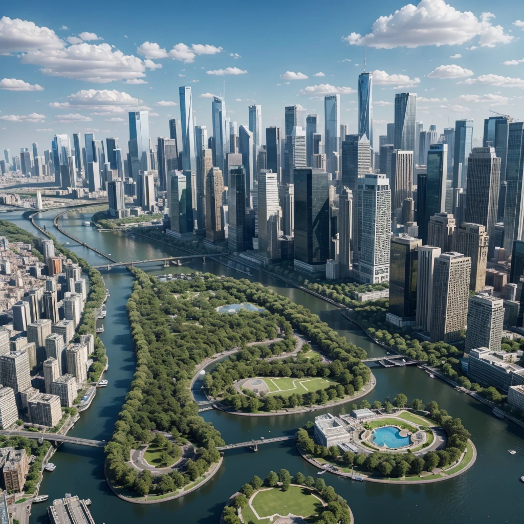 Aerial view of a modern city with skyscrapers, parks, Busy streets and snaking rivers. The image must capture urban architecture, with tall buildings and street details, like cars, people and trees. The sky should be clear with few clouds, and the lighting must be daytime