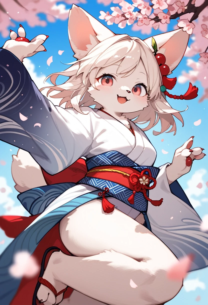 masterpiece, kimono, The cherry tree, cherry blossoms dancing in the wind(super cute 1girl, solo, kemono, furry anthro)