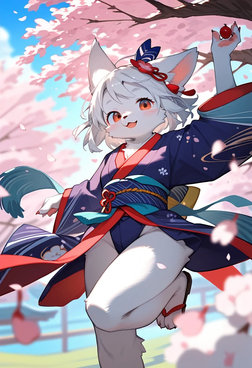masterpiece, kimono, The cherry tree, cherry blossoms dancing in the wind(super cute 1girl, solo, kemono, furry anthro)