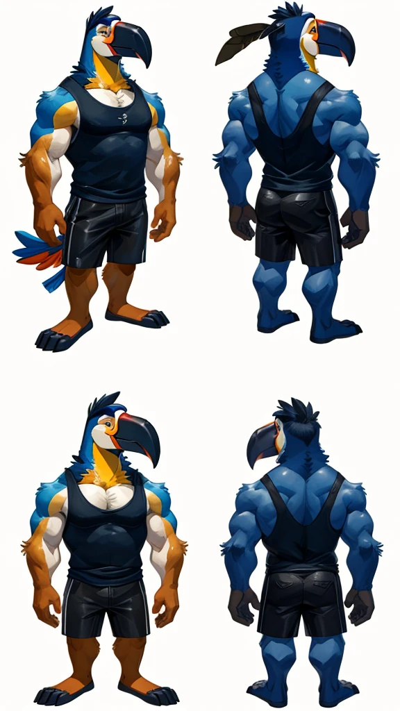 a painted watercolor, reference sheet, cartoon style character design for an anthropomorphic furry male that is characterized by being a Toucan, stocky and thin body, wearing a muscle shirt and black shorts, consistent character, many angles, 100% white background - - without contour