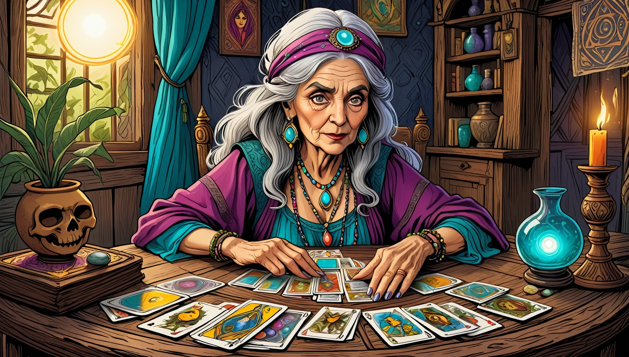 An ultra-highly detailed hand drawn with colored pencils, comic book style illustration depicting an old woman gypsy fortune-teller with one all-white glass eye presenting a deck of Tarot cards laid out on an ancient divination table. The scene is inspired by occult art and esoteric symbolism. The mystical cards tell an expressive and captivating story amidst a room decorated in a Bohemian design. Captured from a dynamic angle, emphasizing the creative and dreamy elements with bold, deep colors.