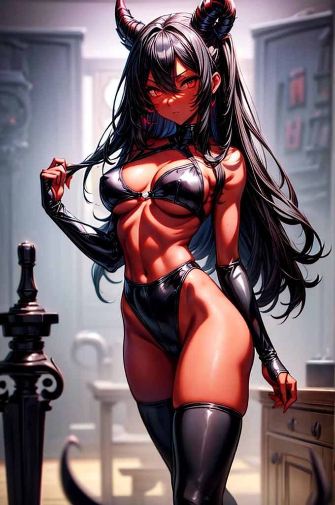 masterpiece, super detailed, high resolution, precision art, highly seductive anime girl. sexy and alluring, flawless dark red demonic skin, succubus, symmetrical face, beautiful olive eyes, flowing black hair, her very presence oozes seduction and allure, S-shaped body, black onyx colored horns jutting out her forehead, heart shaped tail protruding from her back, sexy and arousing slender and thin yet chiseled with enticing breasts, intricate and beautiful heart shaped tattoo engraved on her stomach, wearing spaghetti strap crop-top and form-fitting leggings that accentuate her round ass, hip-level shot