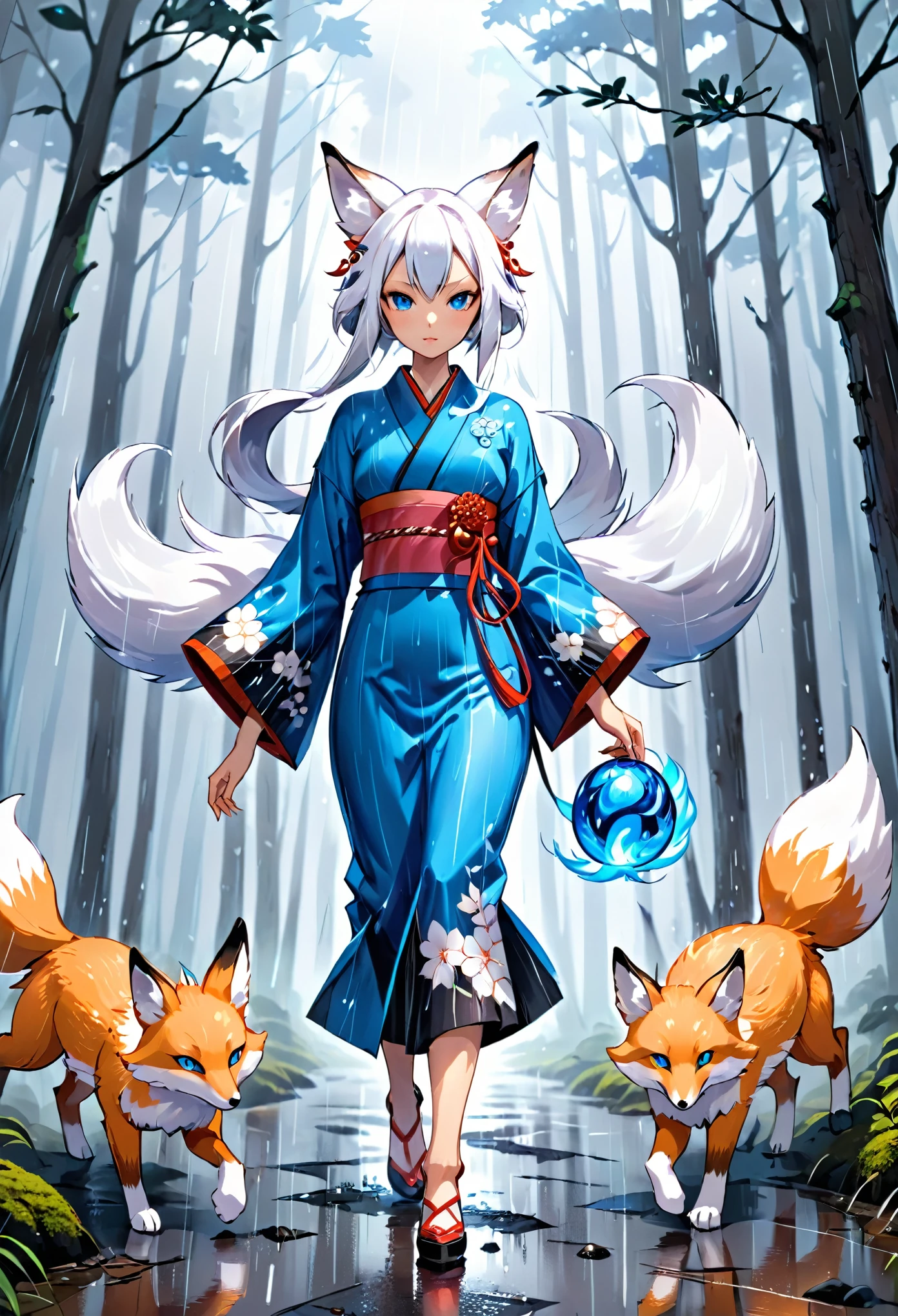 Masterpiece, Extremely detailed, , close distance shot, (A beautiful kitsune woman walking in a rainy forest holding a small ball of blue fire), facing viewer, dynamic pose , fox ears, nine fox tails, traditional Japanese clothing. 