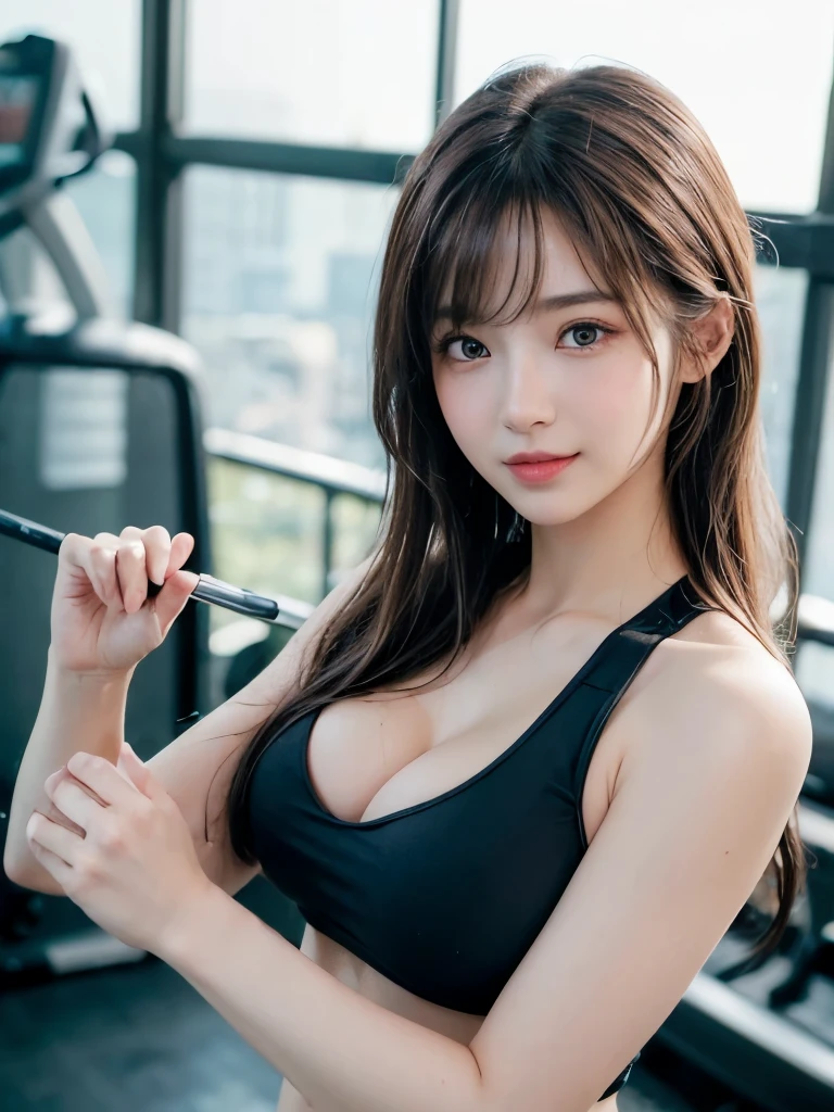 ((masterpiece: 1.3),8k, Realistic, RAW Photos, Highest quality: 1.4), (One Girl), beautiful顔, (Realistic Face), (Brown long hair: 1.3), beautifulヘアスタイル, (bangs), (smile), smile, Realistic eyes, Gloss, highlight, highlight in the Eyes, eyelash, 目の中のbeautifulディテール, (Realistic Skin),、(((workout,gym wear, Cleavage)))、Shooting from the air、beautiful肌, Transparency、(beautiful)、 bust, smile, teeth, Confused, charm, 超High resolution, Ultra-realistic, High resolution, Golden Ratio, Clear eyes, Wet, Mole, Looking into the camera, ear, Shine, Long neck, double eyelid, Big eyes, cheek, kind character, charm personality, kind, Move, 圧倒的なcharm, bright personality