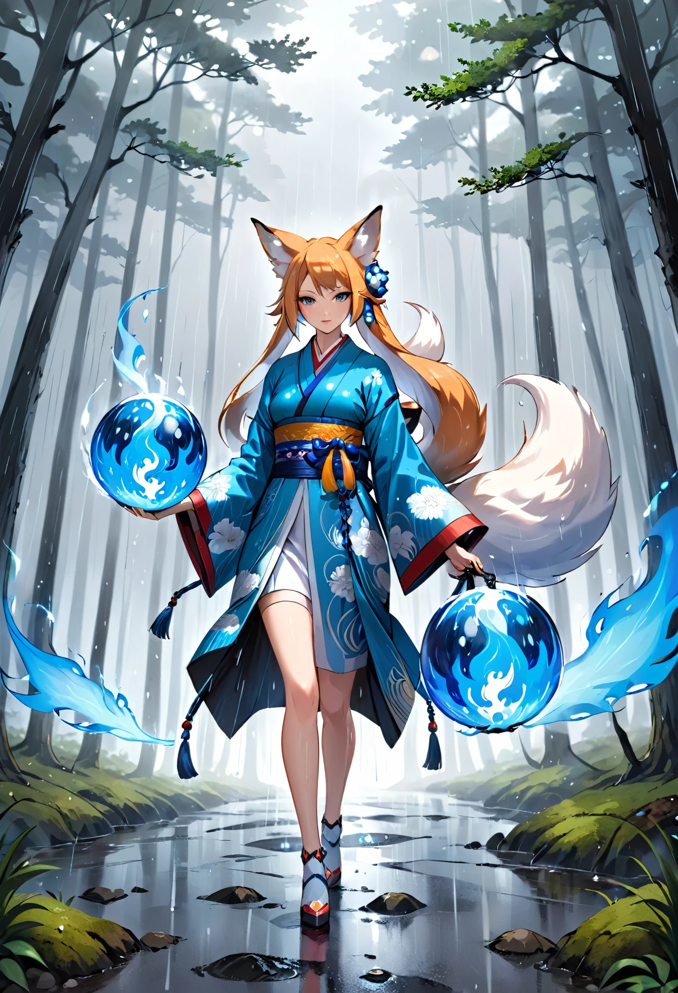 Masterpiece, Extremely detailed, , close distance shot, (A beautiful kitsune woman walking in a rainy forest holding a small ball of blue fire), facing viewer, dynamic pose , fox ears, nine fox tails, traditional Japanese clothing. 