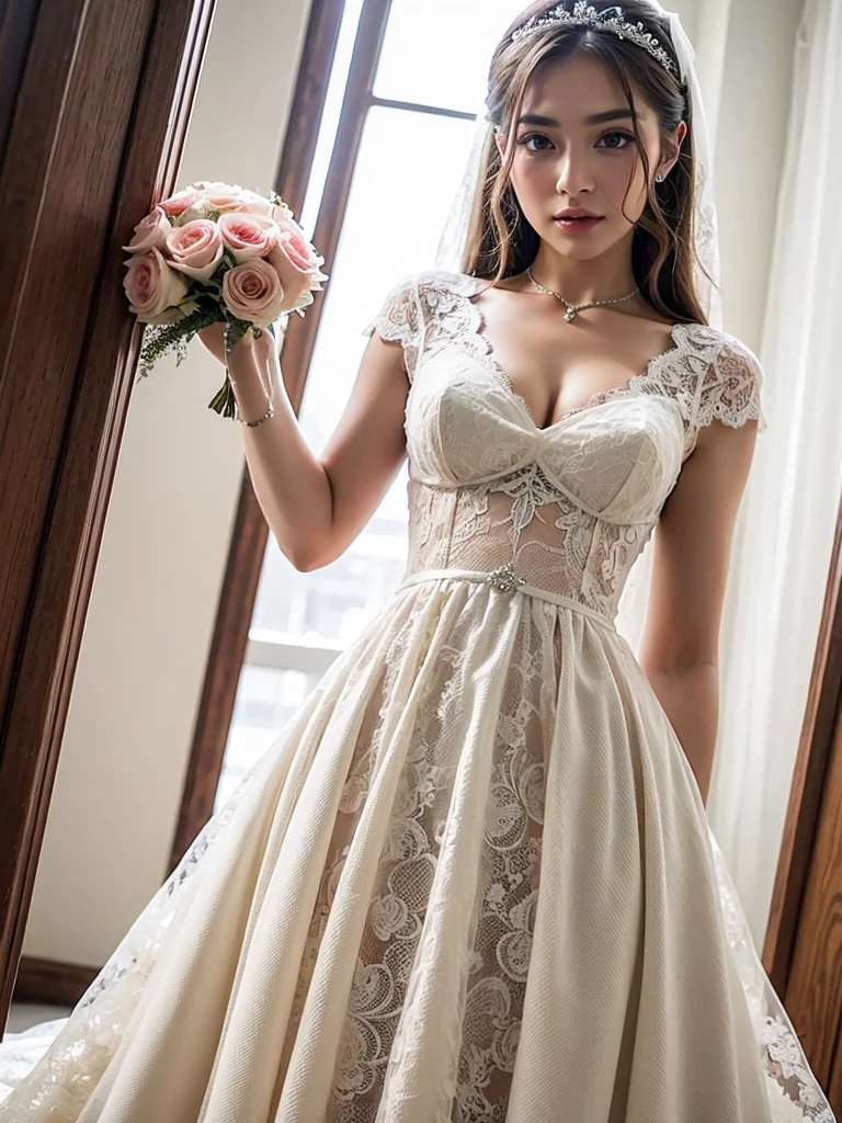 ((Lace Wedding Dress))、(The eyes are blue)、(((Open Standing))),Open Stance、Standing pose with legs wide apart、Low - Angle、Angle from bottom to top、