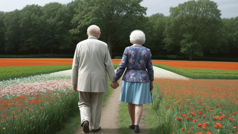 A wonderful field of flowers with an elderly couple holding hands. perfect photo 