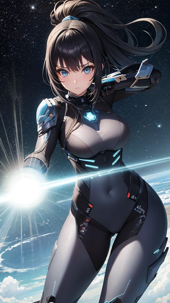 Non-transparent sexy cyborg suit、17 years old、beautiful girl、ponytail、Black Hair、fight、blue beam、universe space
