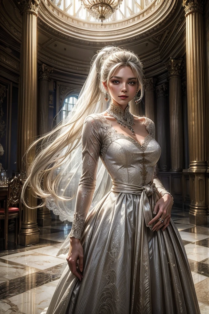 (masterpiece, best quality:1.2), cowboy shot, weissvale, smile, closed mouth, looking at viewer, long white hair, side ponytail, scar above eye, scar below eye, wedding dress, jewelry, necklace, earrings, future_urban, indoors, standing inside, ornate palace, great hall, wedding reception, elegant crowd, men and women in military uniforms, women in gowns marble floor, chandeliers, arch, pillars, (volumetric lighting), intricate details, tonemapping, sharp focus, hyper detailed