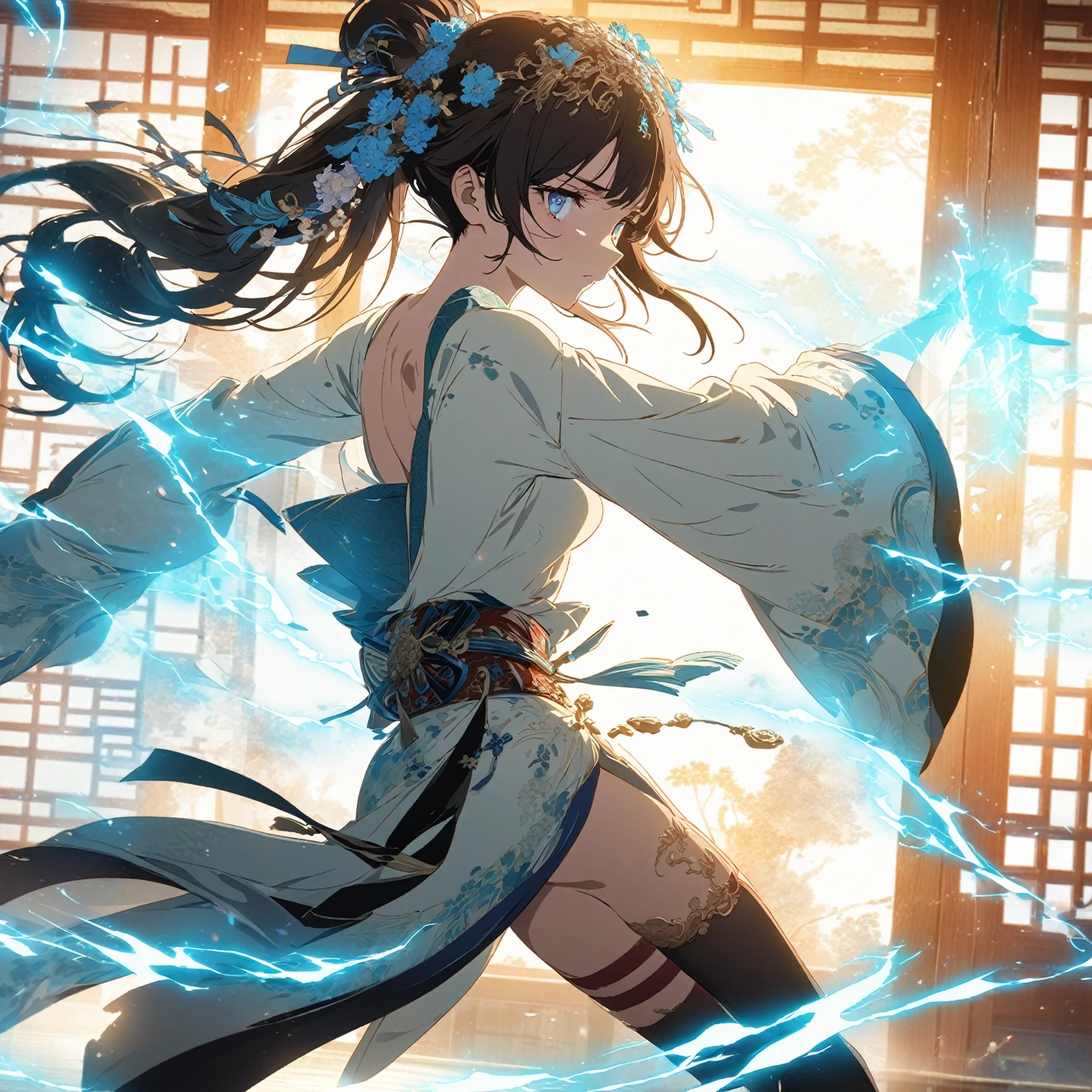 A young woman with long, dark hair tied back with an ornate hairpiece featuring flowers and ribbons, wearing a light beige top with wide, flowing sleeves and a dark, (nude:0.9), intricately designed belt, dark stockings or leg bands, standing in a traditional Japanese or Chinese-style room with soft light filtering through a shoji screen, in a dynamic action pose with one foot forward and both hands raised with blue lightning or energy effects emanating from her palms, creating a dramatic effect with strong backlighting, (nude:0.9), detailed gorgeous face| anime style| key visual| intricate detail| highly detailed| breathtaking| vibrant| panoramic| cinematic| Carne Griffiths| Conrad Roset| gibbli 8k.