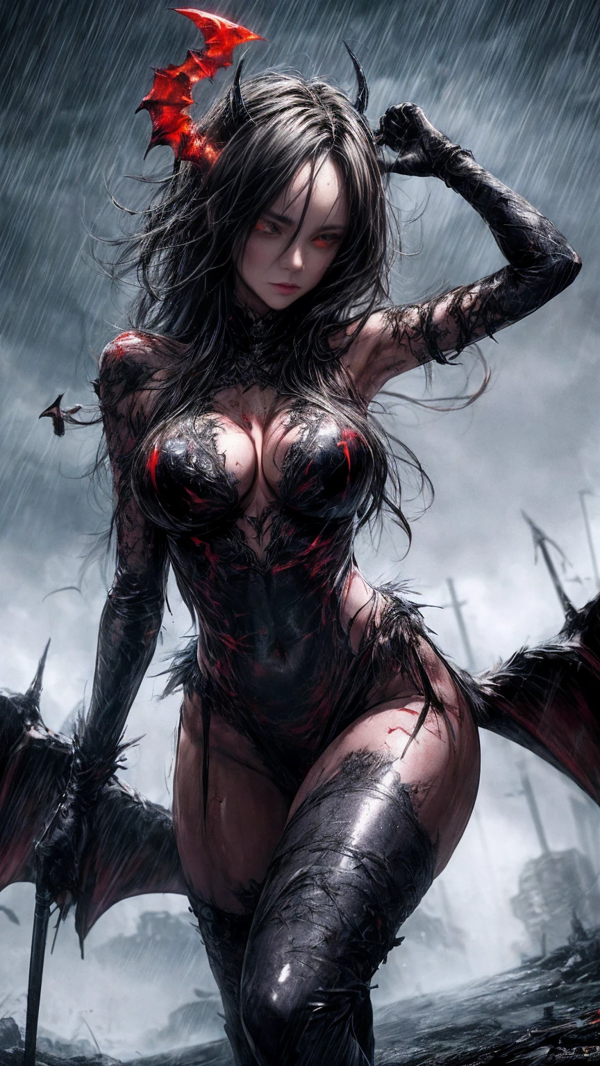 Cinematic effects, raining blood, from below, masterpiece, highest quality, dragonlady queen, perfect demoness, long legs, hourglass figure, curvy hips, perfect eyes, detailed eyes (1.4), slashed up body, cuts and deep wound on body, scars on face, villainous expression, flaming skin body with bioluminescent glowing pattern, ready for battle, blurred stormy background, dark atmosphere, lighting in background,full body,