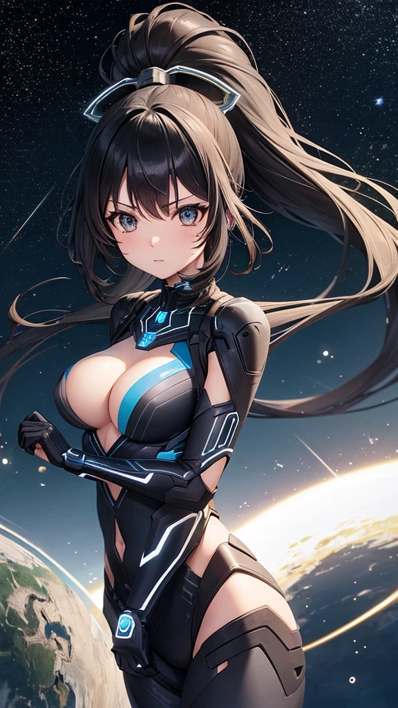 Transparent sexy cyborg suit、、beautiful girl、ponytail、Black Hair、fight、blue beam、universe space