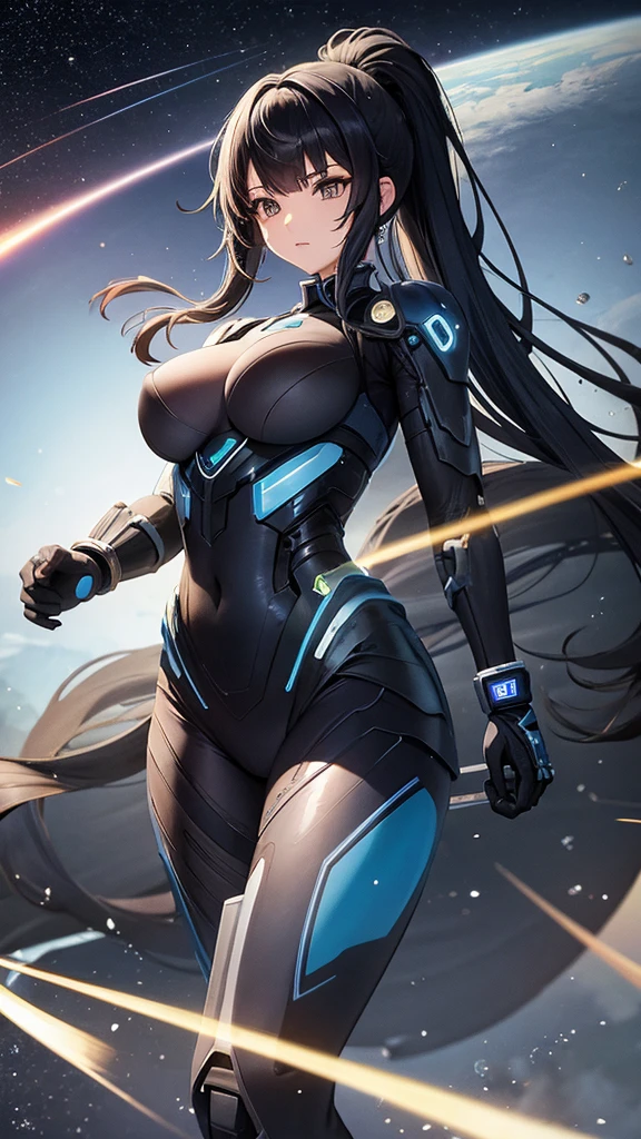 Transparent sexy cyborg suit、、beautiful girl、ponytail、Black Hair、fight、blue beam、universe space