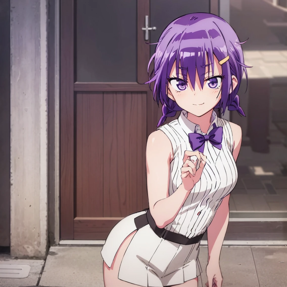 ((1girl)),((alone)), asumi kominami,(masterpiece), (best quality), (ultra detailed), (best illustration), (best shadow), (absurdities), sharp focus, cowboy photo , looking at viewer, big breasts, narrow waist, wide hips, medium thighs, round butt, dynamic posture, purple eyes, purple hair, short hair, white shirt, sleeveless, bow tie, purple bow tie, hair between the eyes, bow tie purple, purple skirt:1.3, medium skirt, smiling, playful look, seductive smile, closed mouth, serious expression, (sexy pose: 1.2), ((solo)), standing: 1.3, outdoor, cityscape, city, streets , sunset, looking back, from behind, ((focus on ass)), point of view (from below), red blush, perfect anatomy, perfect hands.