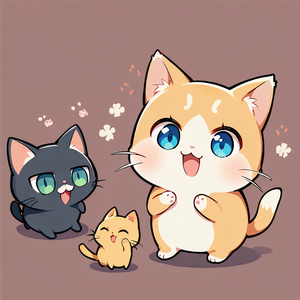 One cute kitten, Brown Taby, Deformed Characters, kitten, Plain background,Cute eyes,Three cats begging for food