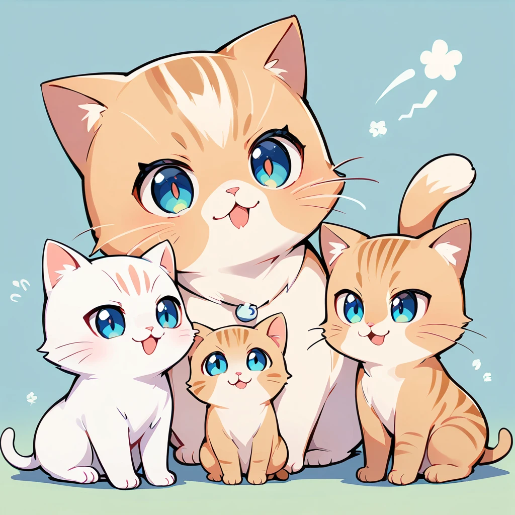 One cute kitten, Brown Taby, Deformed Characters, kitten, Plain background,Cute eyes,Three cats begging for food