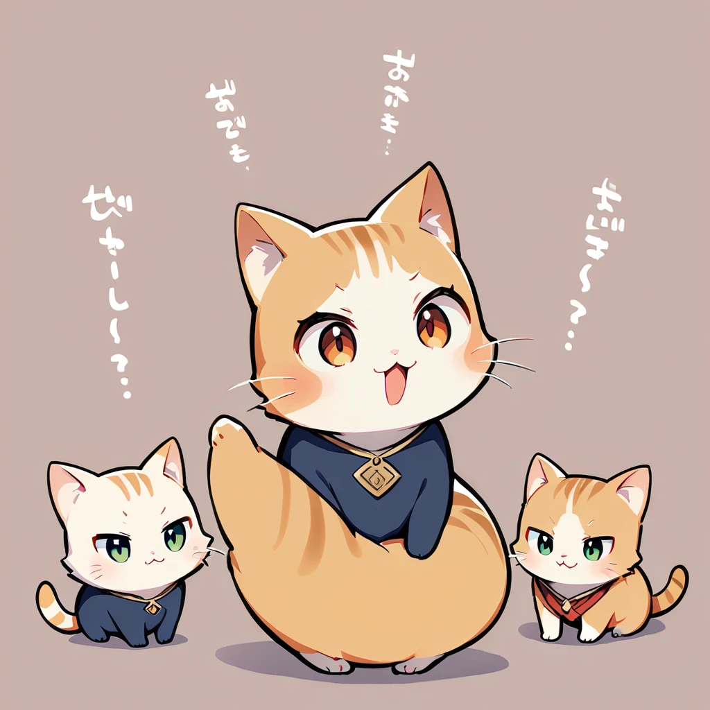 One cute kitten, Brown Taby, Deformed Characters, kitten, Plain background,Cute eyes,Three cats begging for food