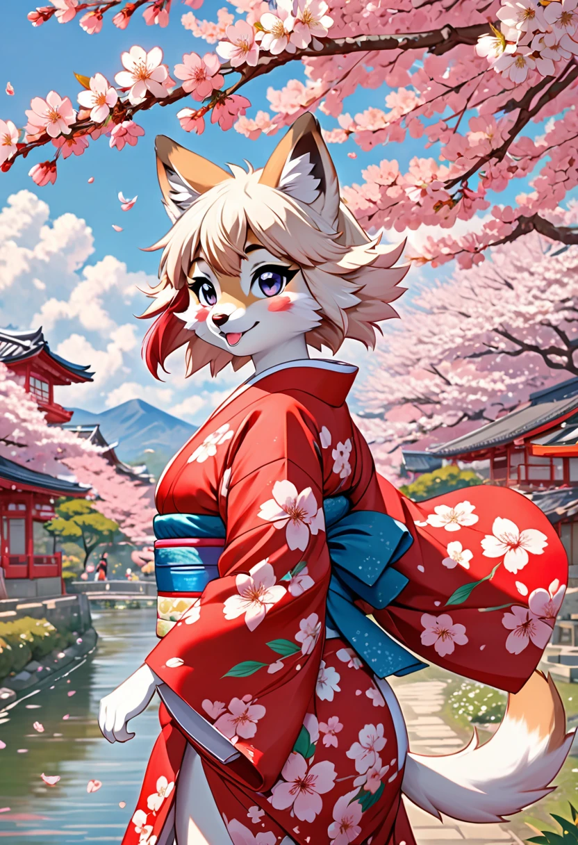 masterpiece, kimono, The cherry tree, cherry blossoms dancing in the wind(super cute 1girl, solo, kemono, furry anthro)