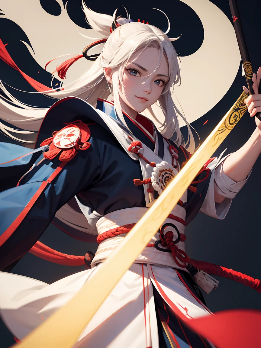 um homem com uma espada em pé na frente de uma lua cheia, cara bonito na arte do matador de demônios, badass anime 8 k, homem samurai vagabundo, Miyamoto Musashi, inspirado em Kanō Hōgai, Ronin, inspirado em Kano Sanraku, estilo samurai, Papel de parede de mangá 4k, as samurai, Papel de parede de anime 4K, a happy smiling face,colorful,cartoon style,simple geometric shapes,bright vibrant colors,minimalist,cute,cheerful,positive,smiley,caricature,stylized,abstract,whimsical,playful,fun,adorable,friendly,charming,iconic,simple shapes,clean lines,bold colors,(best quality,8k,masterpiece:1.2),highly detailed,sharp focus,professional digital illustration