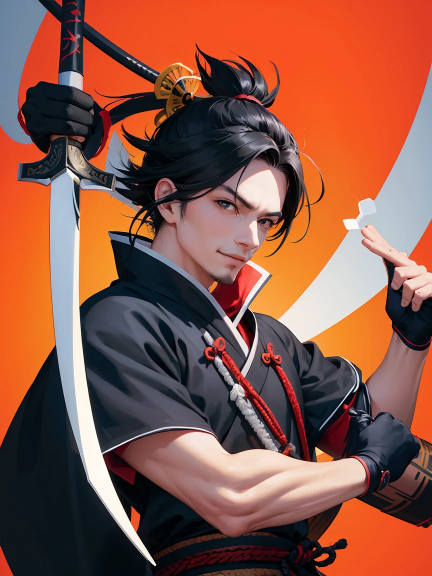 um homem com uma espada em pé na frente de uma lua cheia, cara bonito na arte do matador de demônios, badass anime 8 k, homem samurai vagabundo, Miyamoto Musashi, inspirado em Kanō Hōgai, Ronin, inspirado em Kano Sanraku, estilo samurai, Papel de parede de mangá 4k, as samurai, Papel de parede de anime 4K, a happy smiling face,colorful,cartoon style,simple geometric shapes,bright vibrant colors,minimalist,cute,cheerful,positive,smiley,caricature,stylized,abstract,whimsical,playful,fun,adorable,friendly,charming,iconic,simple shapes,clean lines,bold colors,(best quality,8k,masterpiece:1.2),highly detailed,sharp focus,professional digital illustration