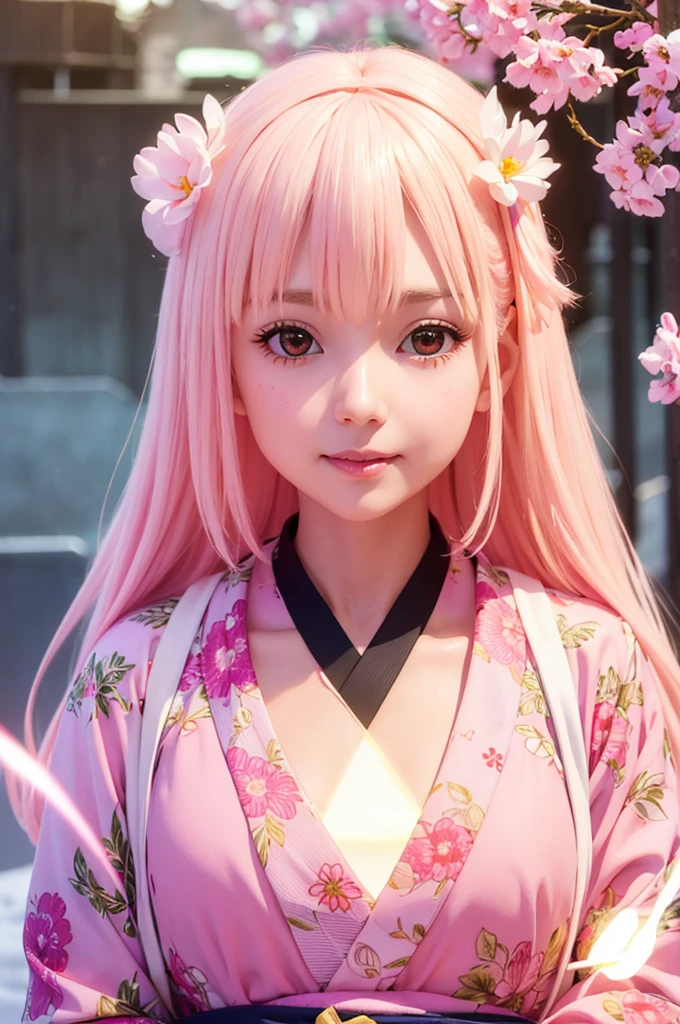 Very detailed CG Unity 8K wallpaper, Cute One lady, Mature pink hair、lady ,beautiful lady, pale skin (Super masterpiece, Beautiful person, well detailed face polluted smile, Photorealistic, hyper realisitic), Colorful winter kimono in pink and white colors、(white fur)、Japanese Style Hair Accessories、smile、Japanese background with light pink flowers and snow、Portrait、(pink eye)、(flat chest:1.2)、(Glowing Skin:1.7)、Detailed eyes、Big eyes、Open your mouth、Hide your arms