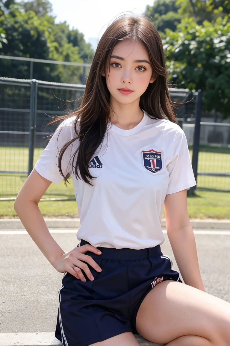 femmes de 18 ans sexy et mince , short sleeve uniform de sport, se touche,position sey,sensuel