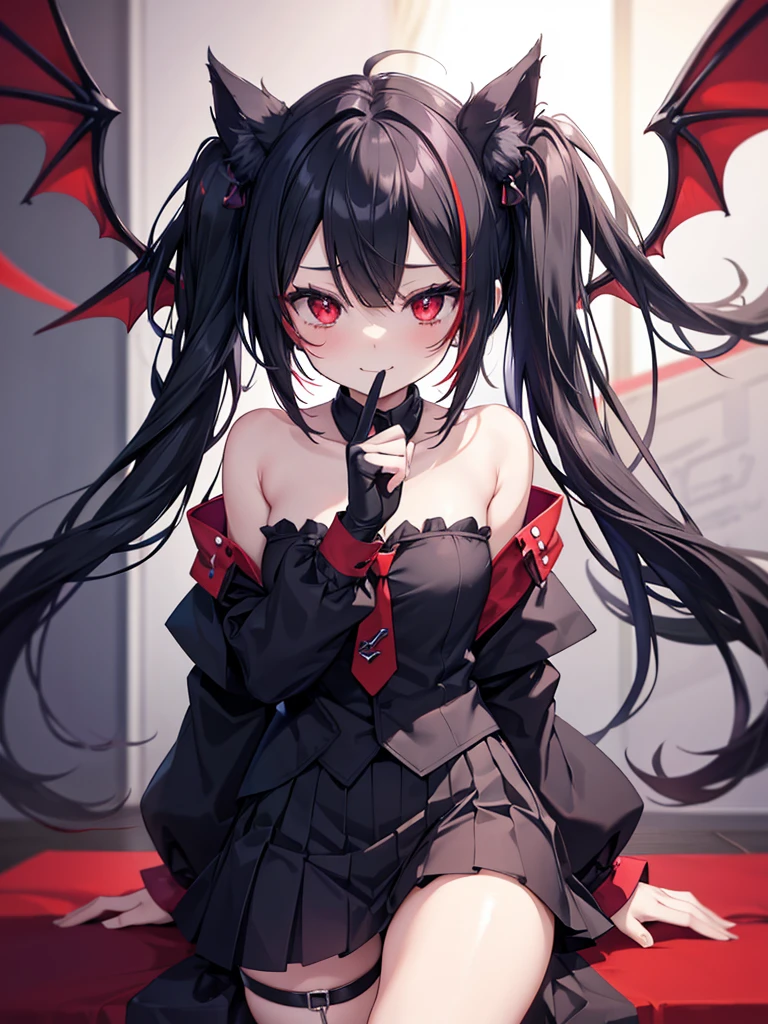 A succubus nekogirl, neko ears, demon tail, smiling with one kawaii Protruding canine as in anime, Horny face Foaming at the mouth. Black hair, red eyes, beautifull , cute and sexy. Little black and red demon Wings.She wants me. Anime scenery.black with loose necktie and skirt. bare shoulders.lollipop girl. She is 24 years old.