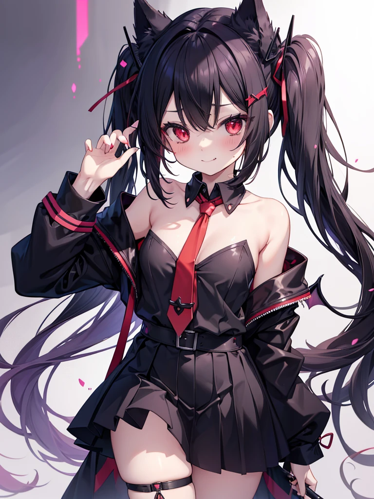 A succubus nekogirl, neko ears, demon tail, smiling with one kawaii Protruding canine as in anime, Horny face Foaming at the mouth. Black hair, red eyes, beautifull , cute and sexy. Little black and red demon Wings.She wants me. Anime scenery.black with loose necktie and skirt. bare shoulders.lollipop girl. She is 24 years old.