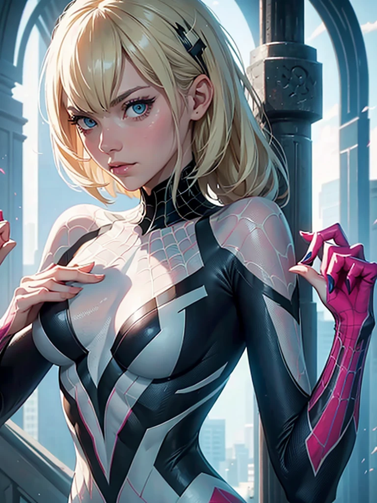 Behind, (masterpiece), Best quality, expressive eyes, perfect face, a high resolution, 1 girl, One, gwen stacy, SPIDER GWEN, Spider-Gwen Costume, Body, without masks, blonde hair, standing, portrait, I look at the viewer, 