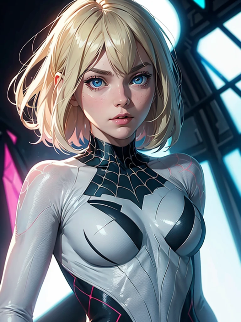 Behind, (masterpiece), Best quality, expressive eyes, perfect face, a high resolution, 1 girl, One, gwen stacy, SPIDER GWEN, Spider-Gwen Costume, Body, without masks, blonde hair, standing, portrait, I look at the viewer,