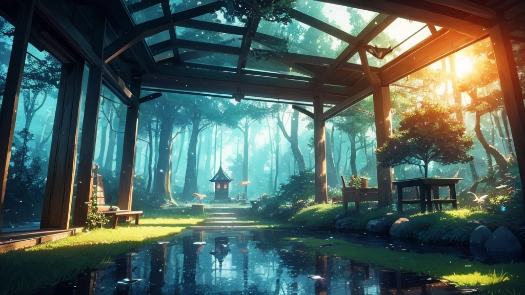 a quiet cabin in a magical forest in surreal anime style for ambient music cover. at sunset and glass butterflies float through the scene. Smooth and ethereal animation style, reminiscent of the works of Hayao Miyazaki mixed with the surrealism of &#39;Paprika&#39;. Soft and dreamlike color palette: deep blues, soft greens and delicate pinks. The general atmosphere is serene and mystical. Composition that invites the viewer to immerse themselves in this dream world