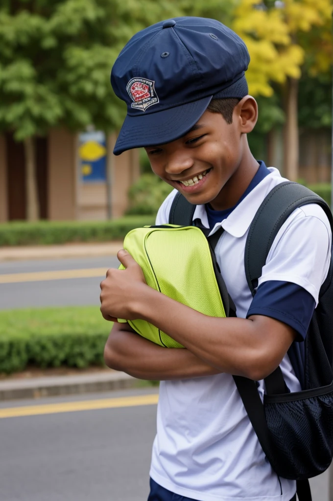 A smiling student wearing a cap on his head and carrying a school bag 