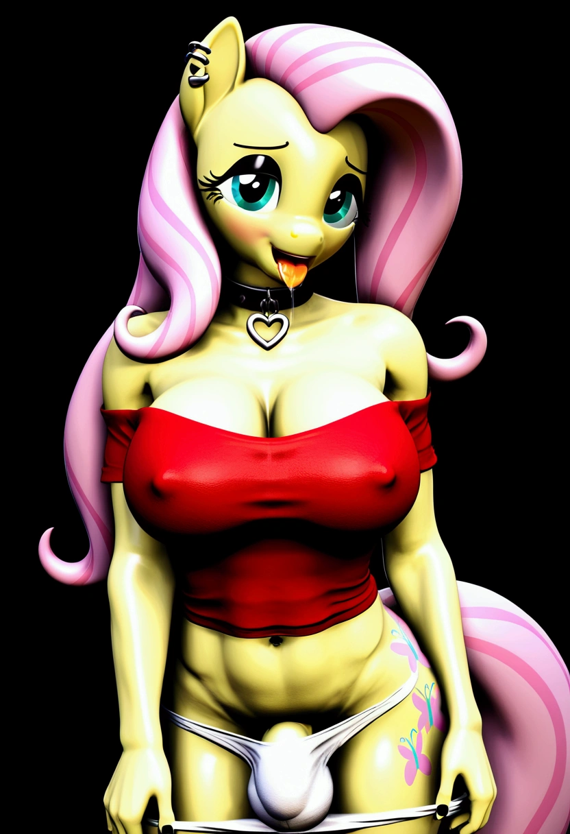 My little pony, anthro, (fluttershy), opened her mouth, and strings of saliva stretched, (white panties pulled down slightly), big breasts, heart collar, earrings, piercing, black eyeshadow, black nails, transexual, (bulge), tattoo on butt, femboy 