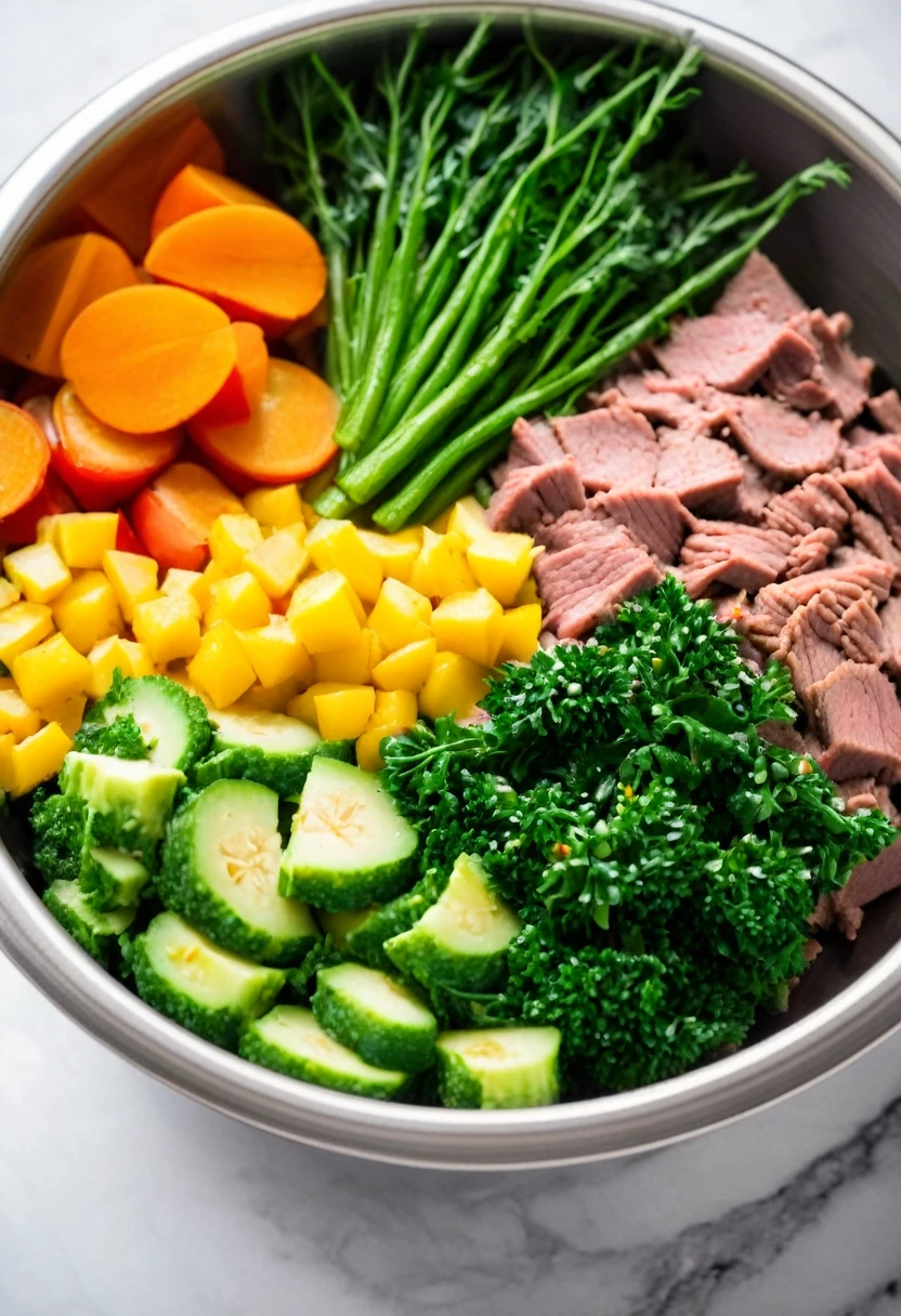 Natural food for dogs, in a stainless steel bowl, full of vegetables, greens, fruits and meat