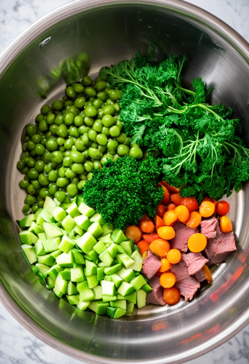 Natural food for dogs, in a stainless steel bowl, full of vegetables, greens, fruits and meat