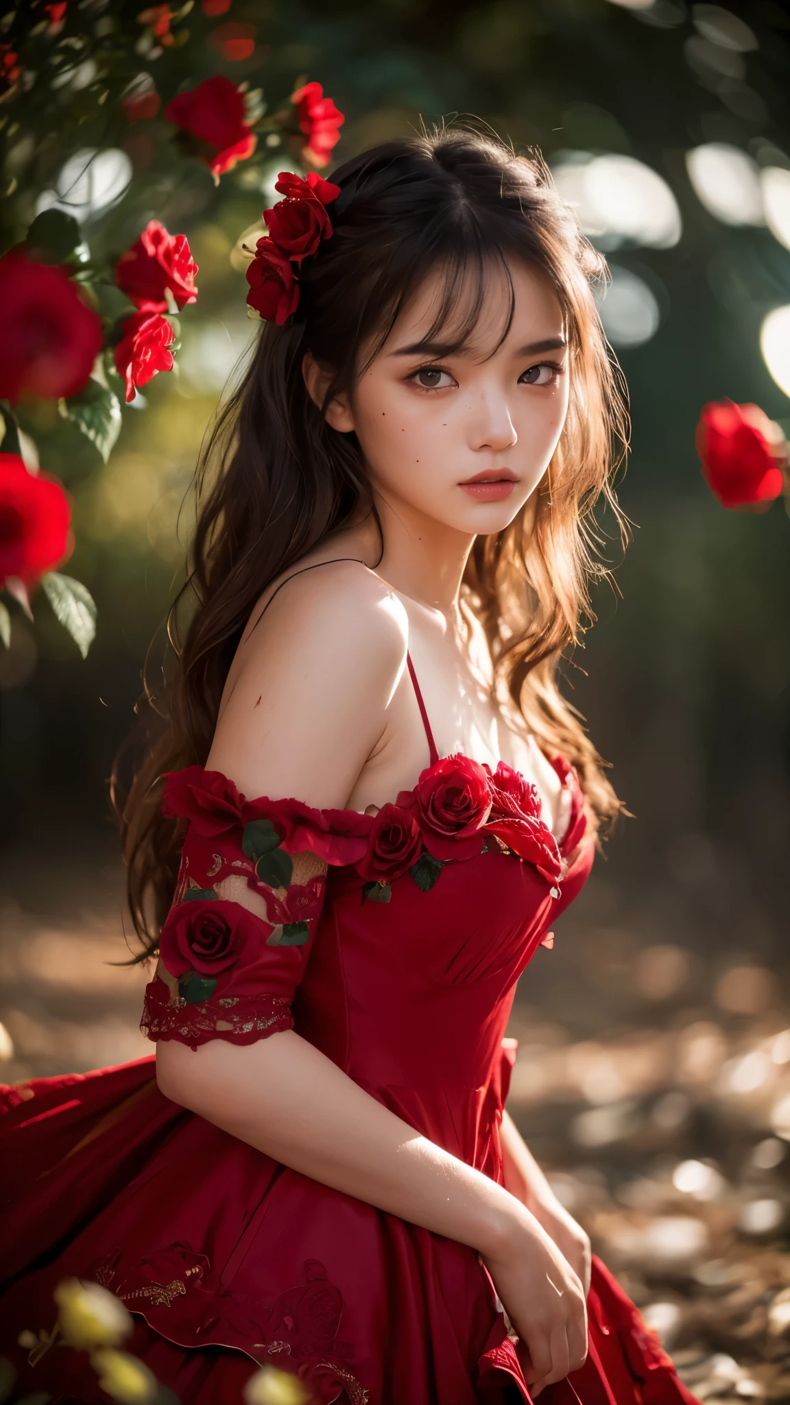 amazingly realistic, High resolution 8K photo of a beautiful 18 year old woman, ((messy side wave long hair)), And a glamorous person, (우아한 dress:1.2), dramatic lighting, masterpiece, Immersive atmosphere, chiaroscuro:(1.5, bright lights:1.2, shining light), (blur background:1.5), treasury, best quality, realistic, very detailed, HDR, Physically Based Rendering, studio lighting, vivid colors, bokeh, (real skin texture:1.3), high contrast, (fujicolor:1.5), film grain, girl in the rose garden, dress, (Red flower mess in the background..:1.3), Fascinating detailed red eyes and face, dynamic lighting, in the dark, deep shadows, low key, cowboy shot,