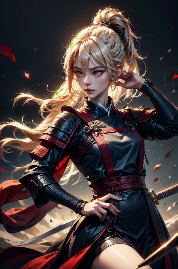 (absurdres, highres, ultra detailed), clean detailed anime art, 1woman, blond hair, long hair, pony tail, yellow eyes, white skin, samurai, blood on clothes, katana, sheath, katana on sheath, after battle, day, battlefield