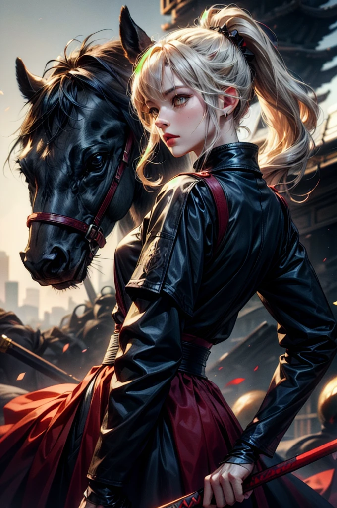 (absurdres, highres, ultra detailed), clean detailed anime art, 1woman, blond hair, long hair, pony tail, yellow eyes, white skin, samurai, blood on clothes, katana, sheath, katana on sheath, after battle, day, battlefield