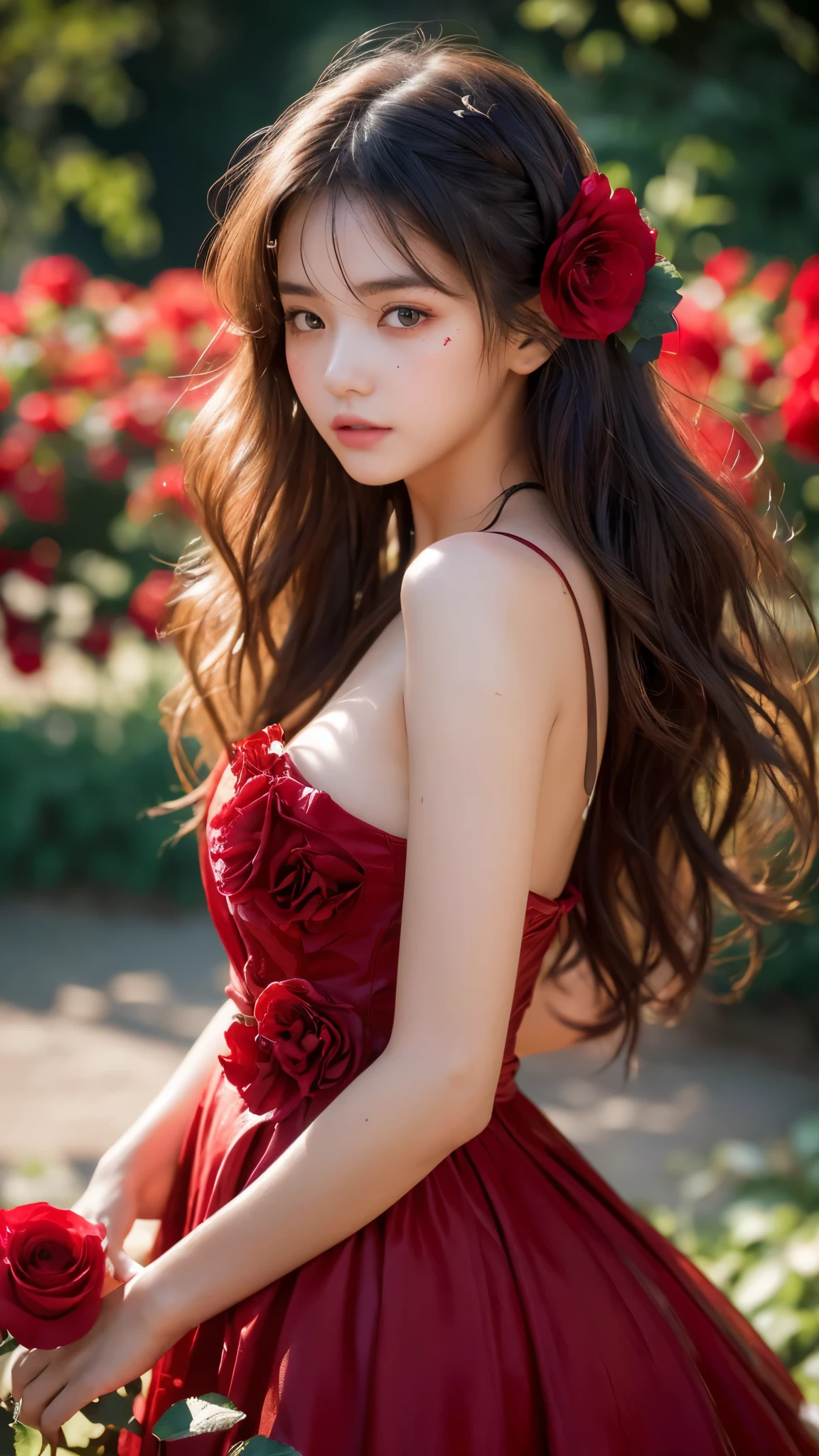 amazingly realistic, High resolution 8K photo of a beautiful 18 year old woman, ((messy side wave long hair)), And a glamorous person, (우아한 dress:1.2), dramatic lighting, masterpiece, Immersive atmosphere, chiaroscuro:(1.5, bright lights:1.2, shining light), (blur background:1.5), treasury, best quality, realistic, very detailed, HDR, Physically Based Rendering, studio lighting, vivid colors, bokeh, (real skin texture:1.3), high contrast, (fujicolor:1.5), film grain, girl in the rose garden, dress, (Red flower mess in the background..:1.3), Fascinating detailed red eyes and face, dynamic lighting, in the dark, deep shadows, low key, cowboy shot,