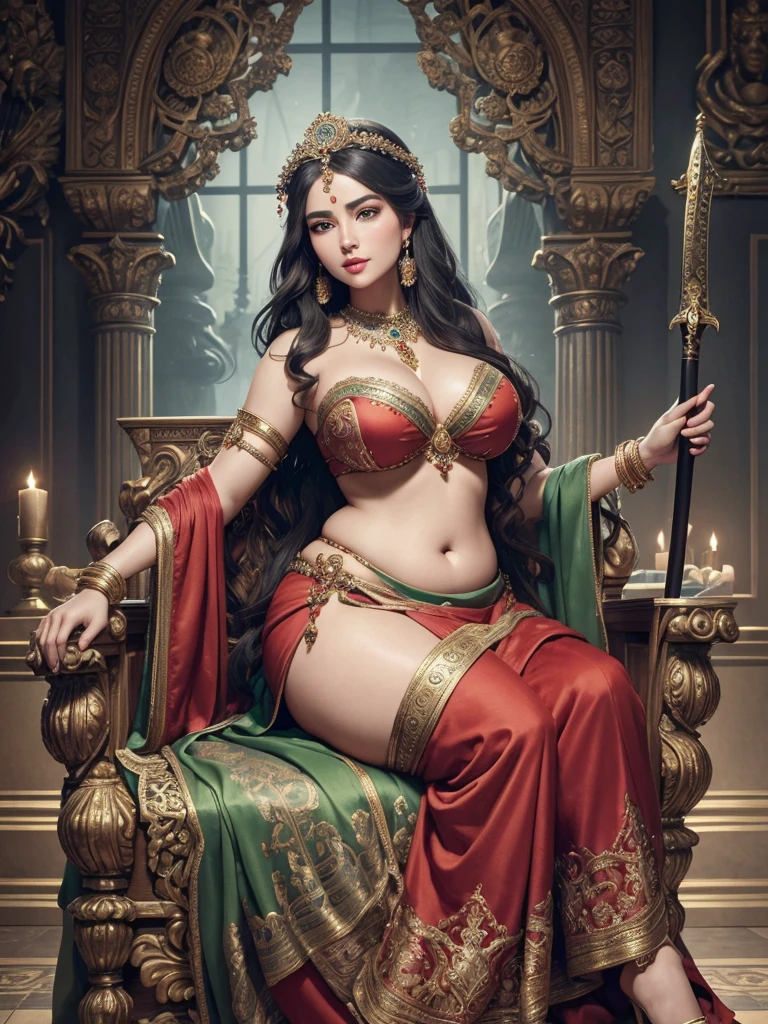 a beautiful goddess-like woman with striking eyes, full lips, extremely detailed face, beautiful detailed eyes, beautiful detailed lips, long eyelashes, green skin, baroque oil painting by Peter Paul Rubens, curvy voluptuous figure, intricate highly detailed red saree, seated on ornate throne, holding skull in left hand, holding sword in right hand, garland of gunja seeds, various ornaments, serene intoxicated expression, perspiring around face, detailed large breasts fully covered, cinched waist clearly visible, 8k resolution, best quality, extreme detail, photorealistic, physically-based rendering