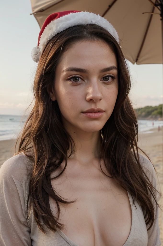 ((Best Quality)), ((masterpiece)), (detailed), realistic photo of perfect face of a beautiful woman with long dark brown hair, russian, man of influence, light freckles, dark brown eyes, big lips, without makeup, Instagram, on a beach wearing a tight Santa suit