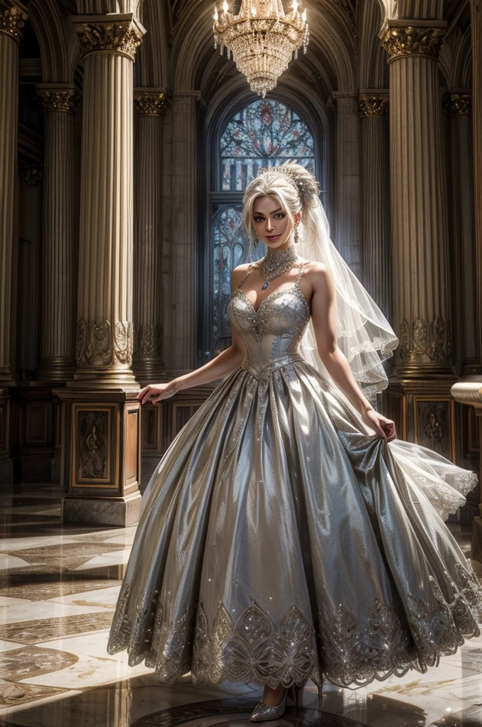 (masterpiece, best quality:1.2), cowboy shot, weissvale, smile, closed mouth, looking at viewer, long white hair, side ponytail, scar above eye, scar below eye, wedding dress, jewelry, necklace, earrings, future_urban, indoors, standing inside, ornate palace, great hall, wedding reception, elegant crowd, men and women in military uniforms, women in gowns marble floor, chandeliers, arch, pillars, (volumetric lighting), intricate details, tonemapping, sharp focus, hyper detailed