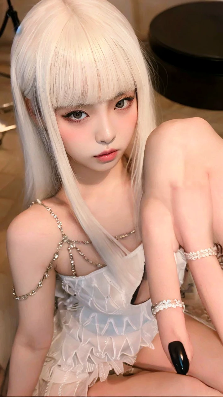 there is a girl taking a selfie, roseanne park of blackpink, blackpink jennie, lalisa manoban of blackpink, cl, heonhwa choe, with white long hair, jaeyeon nam, the hime cut, portrait of jisoo of blackpink, white hime cut hairstyle