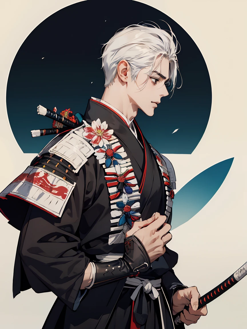um homem com uma espada em pé na frente de uma lua cheia, cara bonito na arte do matador de demônios, badass anime 8 k, homem samurai vagabundo, Miyamoto Musashi, inspirado em Kanō Hōgai, Ronin, inspirado em Kano Sanraku, estilo samurai, Papel de parede de mangá 4k, as samurai, Papel de parede de anime 4K, a happy smiling face,colorful,cartoon style,simple geometric shapes,bright vibrant colors,minimalist,cute,cheerful,positive,smiley,caricature,stylized,abstract,whimsical,playful,fun,adorable,friendly,charming,iconic,simple shapes,clean lines,bold colors,(best quality,8k,masterpiece:1.2),highly detailed,sharp focus,professional digital illustration