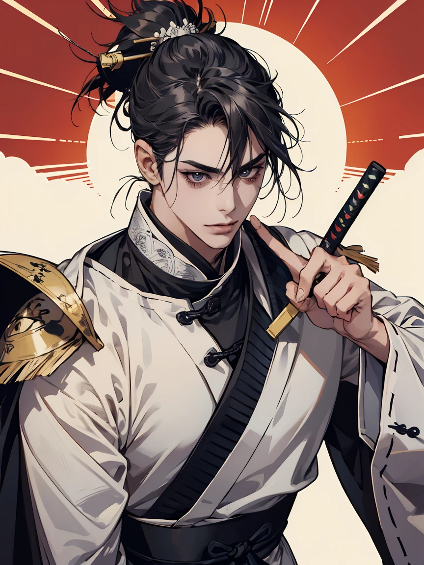 um homem com uma espada em pé na frente de uma lua cheia, cara bonito na arte do matador de demônios, badass anime 8 k, homem samurai vagabundo, Miyamoto Musashi, inspirado em Kanō Hōgai, Ronin, inspirado em Kano Sanraku, estilo samurai, Papel de parede de mangá 4k, as samurai, Papel de parede de anime 4K, a happy smiling face,colorful,cartoon style,simple geometric shapes,bright vibrant colors,minimalist,cute,cheerful,positive,smiley,caricature,stylized,abstract,whimsical,playful,fun,adorable,friendly,charming,iconic,simple shapes,clean lines,bold colors,(best quality,8k,masterpiece:1.2),highly detailed,sharp focus,professional digital illustration