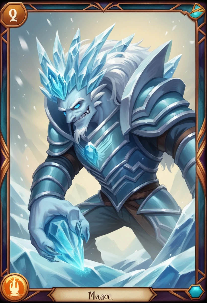 a close up of a bird with a sword on a snowy surface, ice lord, ice mage, master of ice, with ice powers, magic frozen ice phoenix egg, scary sharp icy, crystalline skin, profile picture 1024px, icey, ice spell, hearthstone card art, armor made of ice, frost dragon, blizzard hearthstone concept art